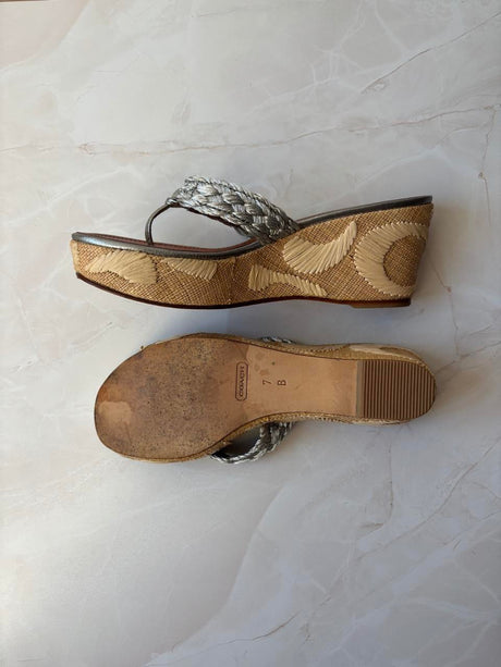 Coach US 7 Silver Monogram Canvas Raffia Platform Thong Wedge Sandal