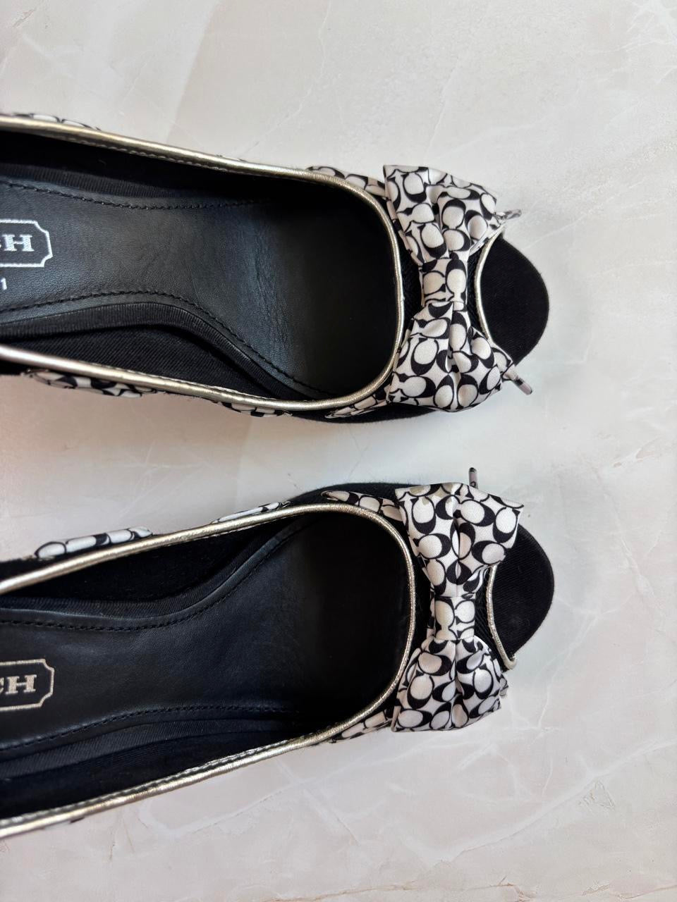 Coach US 7 Black White Monogram Canvas Wedge Sandal