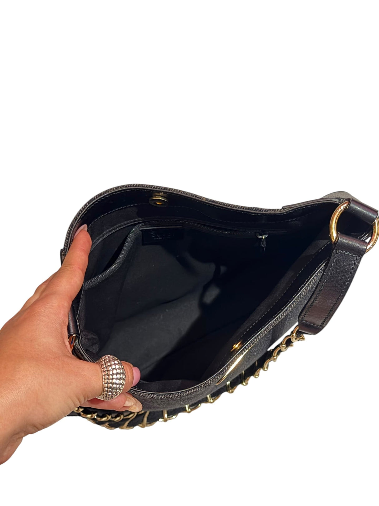 Gucci black gg canvas and leather bag with gold chains