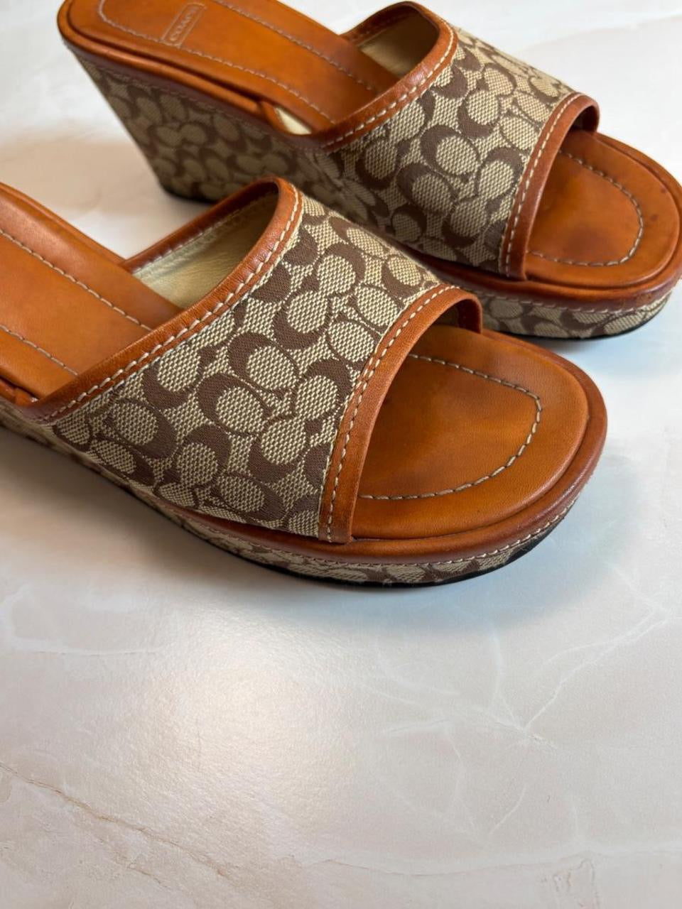Coach US 7 Tan Brown Monogram Canvas Wedge Slide Sandal