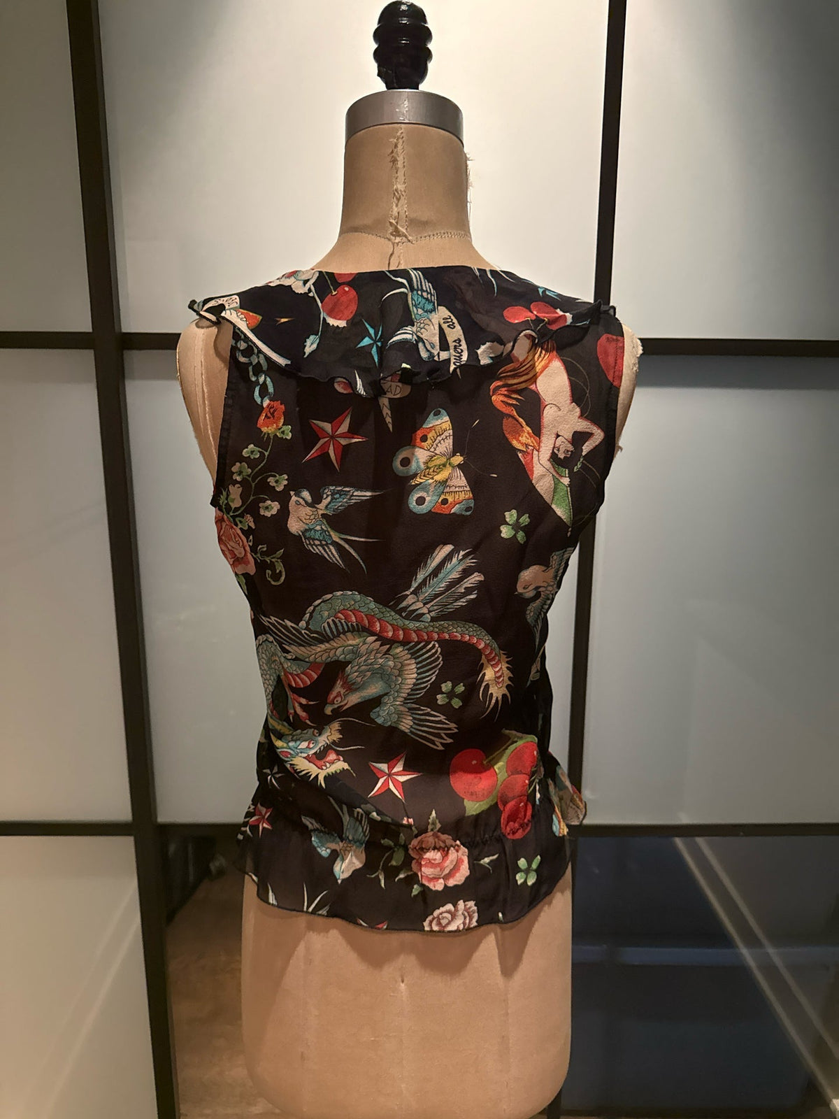 Moschino Size 6 Black & Red Silk Cherry Butterfly Blouse Ruffle