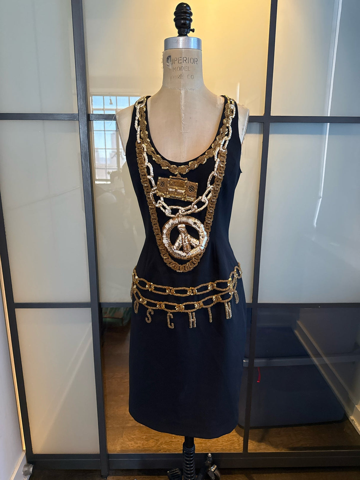 Moschino Size 6 Black & Gold Embroidered Boom Box Peace Sign Dress