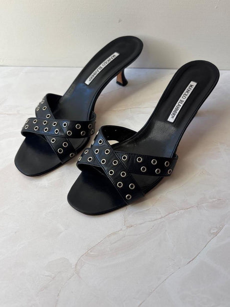 Manolo Blahnik EU 39.5 Black Leather Grommet Crossover Kitten Heel Mule