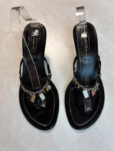 Coach US 9.5 Black Leather Thong Sandal Kitten Heel