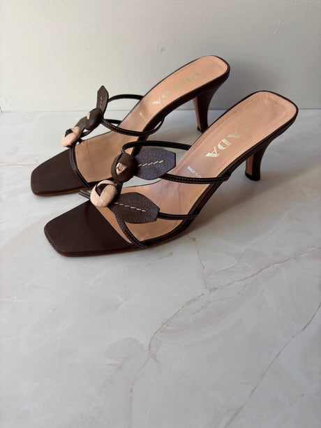 Prada EU 38.5 Chocolate Brown Leather Flower Kitten Heel Mule