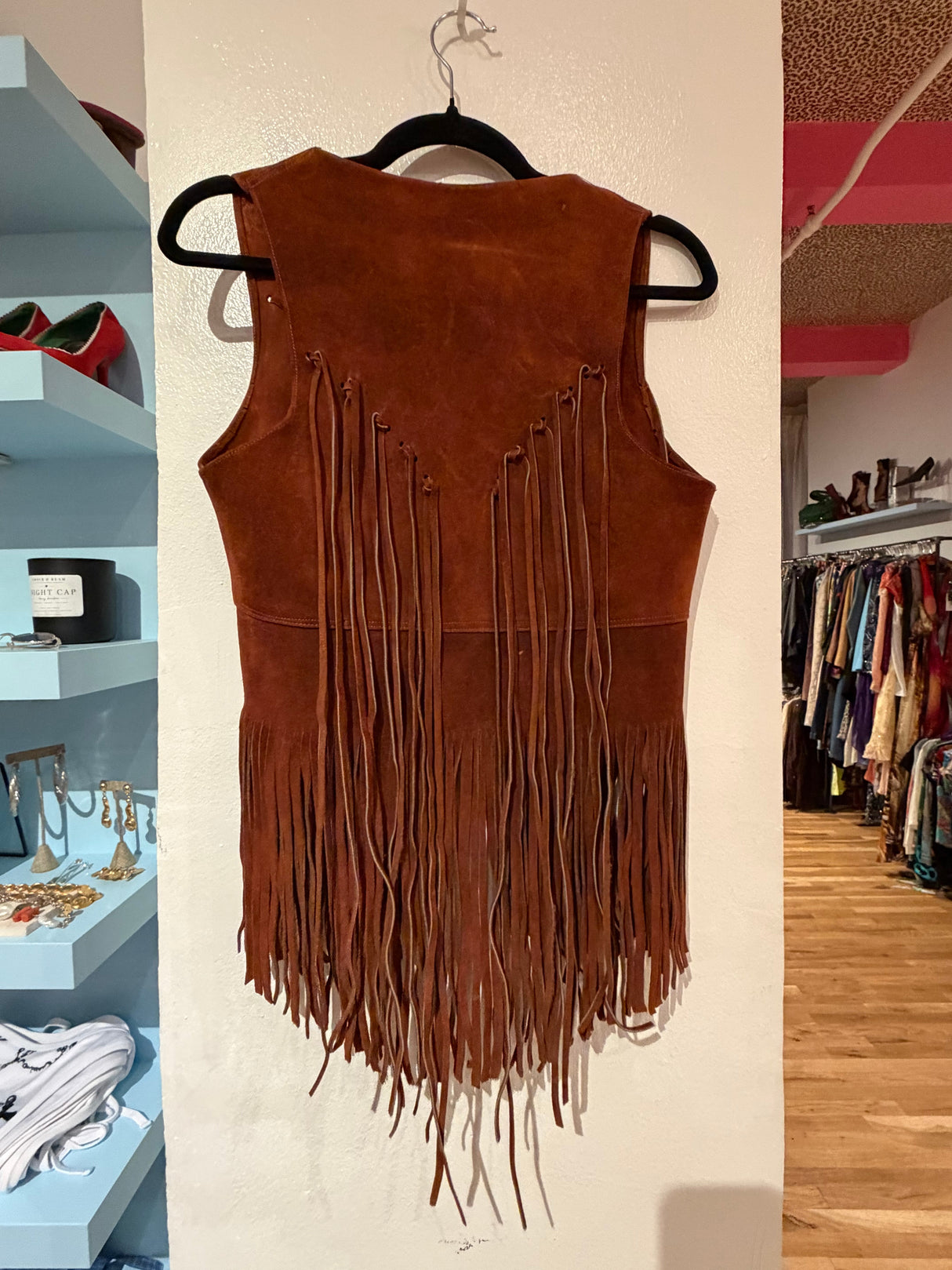 Vintage brown leather vest with fringe TUV #123425