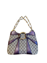 Gucci GG canvas burgundy leather trim bag with bamboo ring detail
