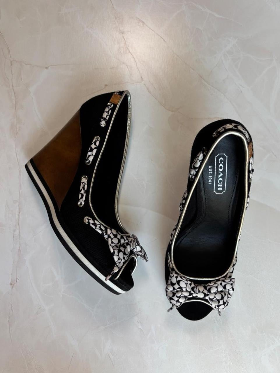Coach US 7 Black White Monogram Canvas Wedge Sandal