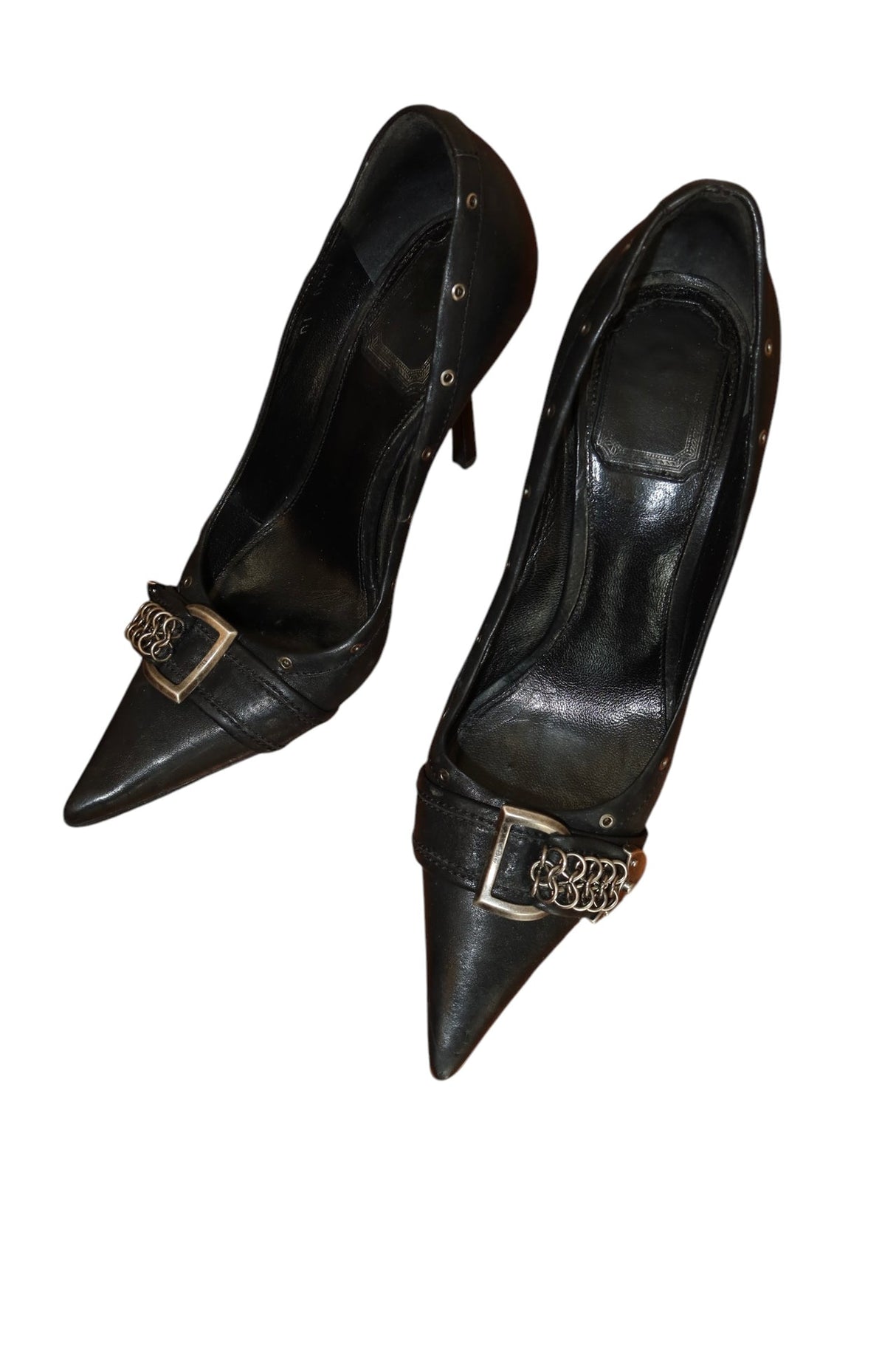 Dior black leather heels with iconic D buckle chain embellishment (36.5)