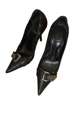 Dior black leather heels with iconic D buckle chain embellishment (36.5)