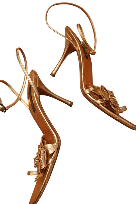 Sergio Rossi rose gold strappy heels with flower embellishment (38)