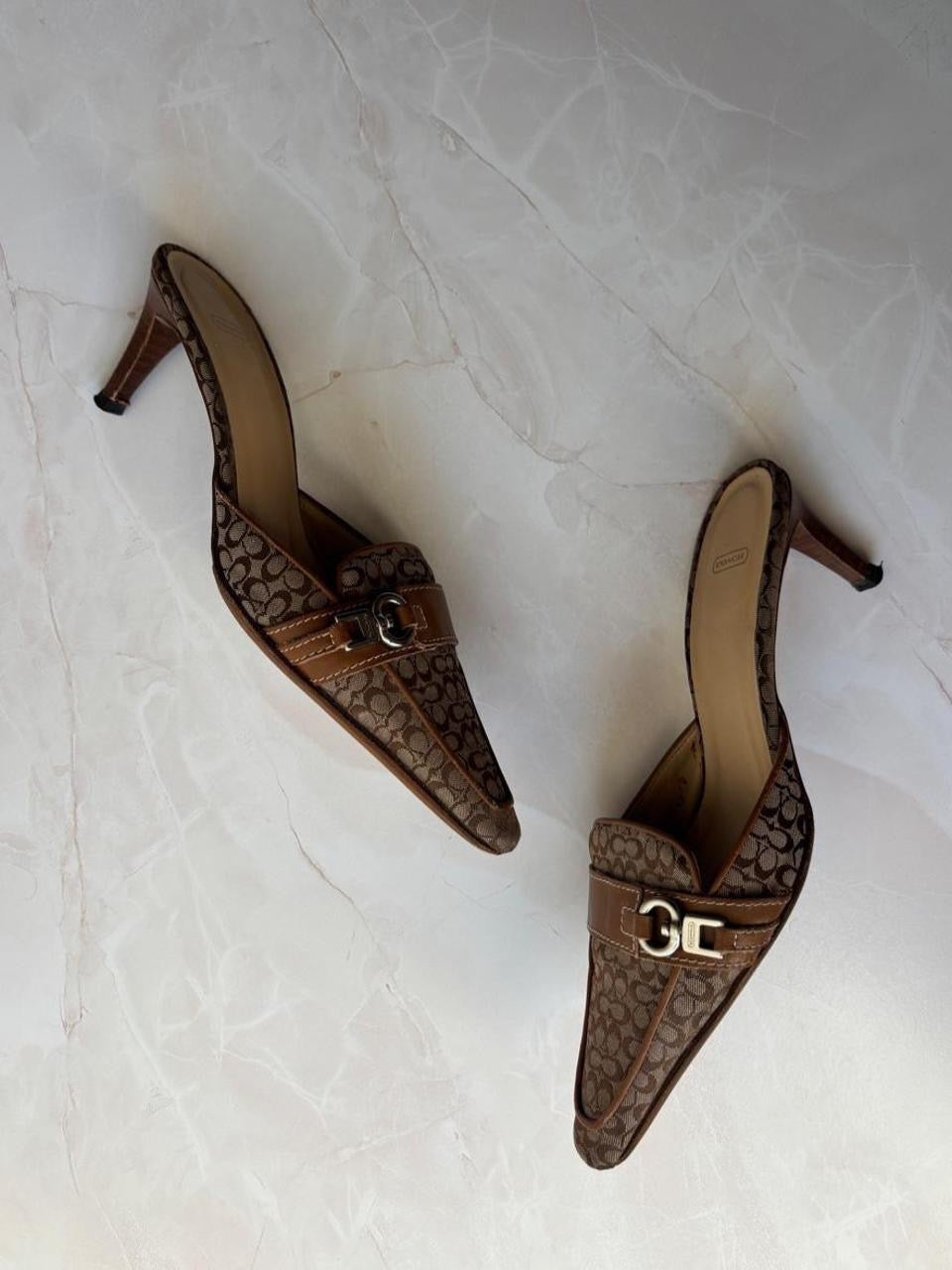 Coach US 7 Tan and Brown Monogram Canvas Pointed Mule
