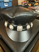 AREA Black Leather Porter Hat Silver Studs Size L/XL