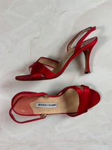 Manolo Blahnik EU 37 Cherry Red Satin Crisscross Sandal