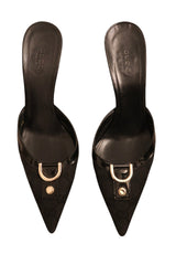 Gucci black canvas GG monogram mules Tom Ford era. Gold-tone hardware, patent leather trim  (37C)