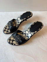 Coach US 9 Black Leather Monogram Canvas Footbed Slide Sandal