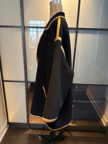 Donna Karan Black Wool Gold Leather Trim Coat Vintge