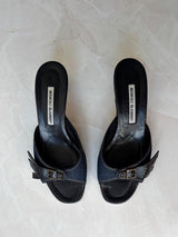 Manolo Blahnik EU 38.5 Denim Fringe Buckle Peep Toe Kitten Heel Mule