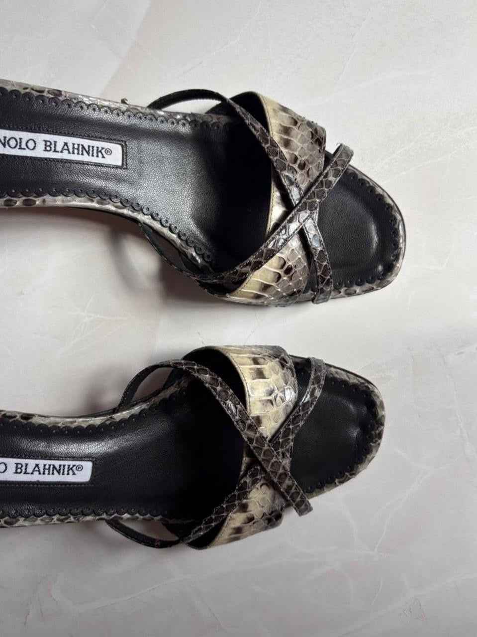 Manolo Blahnik EU 38 Grey Snakeskin Crisscross Strap Sandal