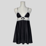 Sweetheart silky lace trim slip in black