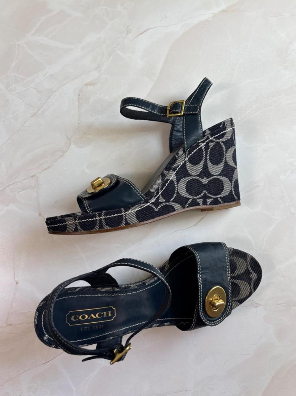 Coach US 8.5 Navy Monogram Canvas Ankle Strap Chunky Platform Wedge