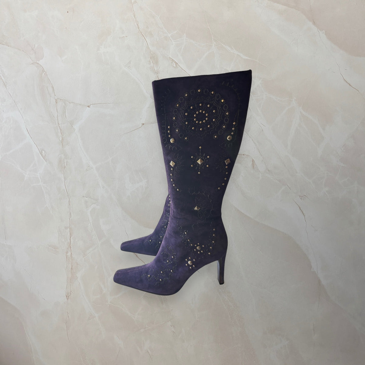 Donald J. Pliner US 9 Purple Suede Studded Embroidered Knee High Boot