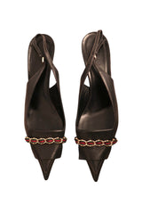Gucci black heels with red and green fabric wrapped around gold chain hardware (7.5 B)