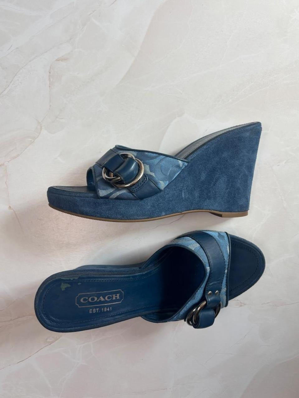 Coach US 6.5 Blue Monogram Canvas Wedge Slide Sandal