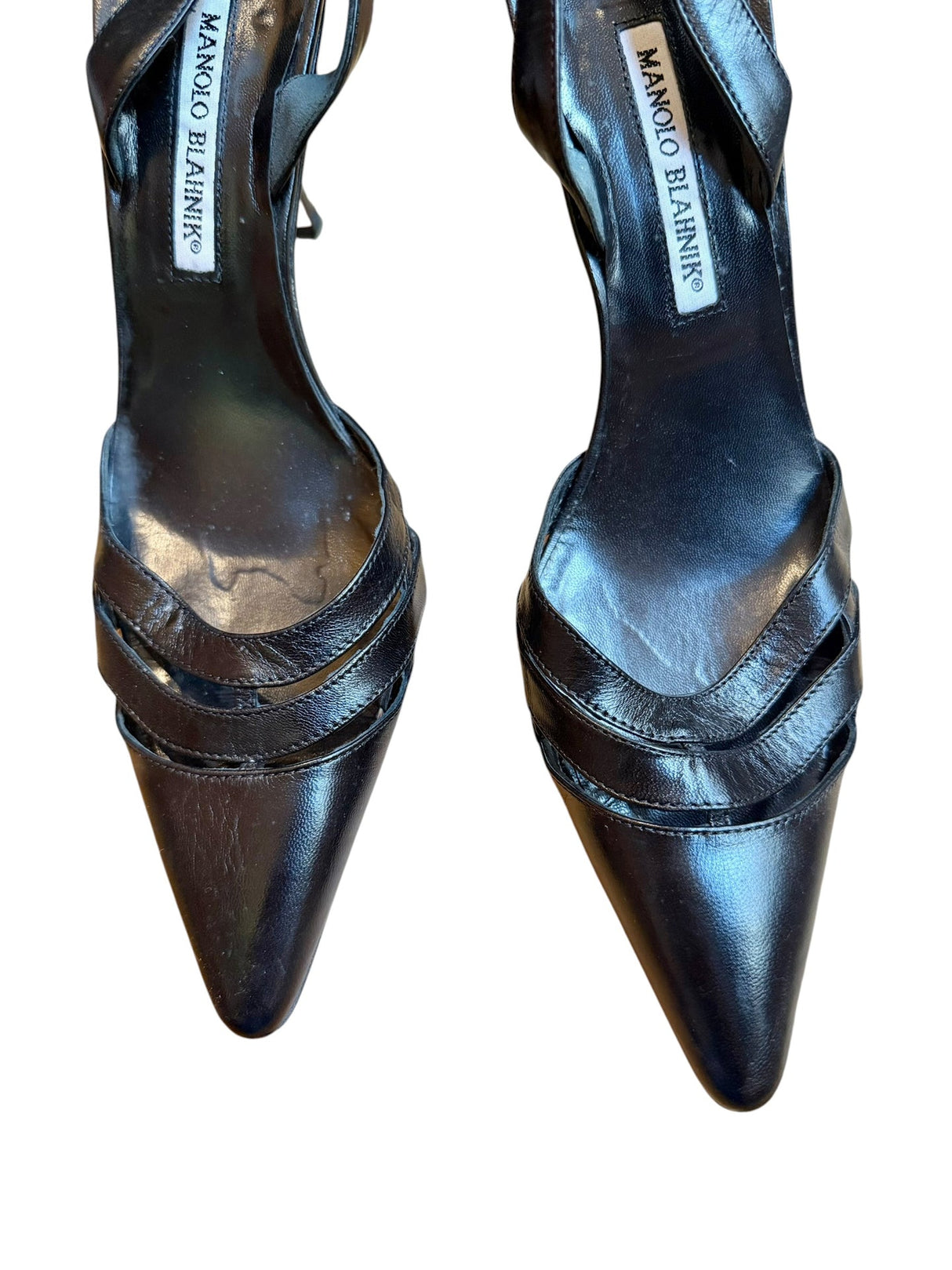 Manolo Blahnik black leather laser cut detail heels (38.5)
