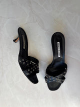 Manolo Blahnik EU 39.5 Black Leather Grommet Crossover Kitten Heel Mule