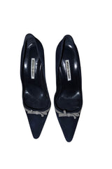 Manolo Blahnik blue suede heels with grey bow details (41.5)
