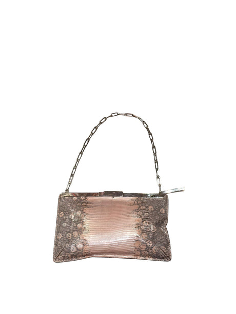 Gucci tan lizard skin clutch with silver chain strap