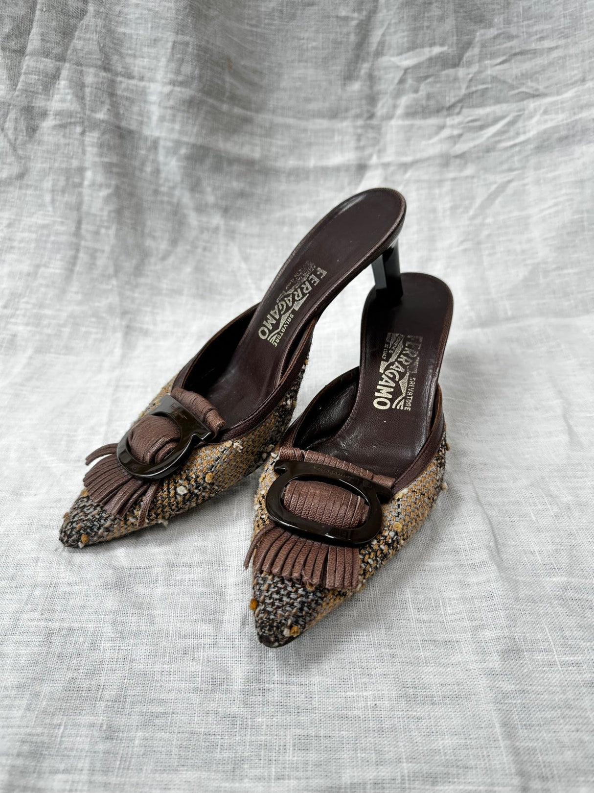 Salvatore Ferragamo Brown tweed tassel mules