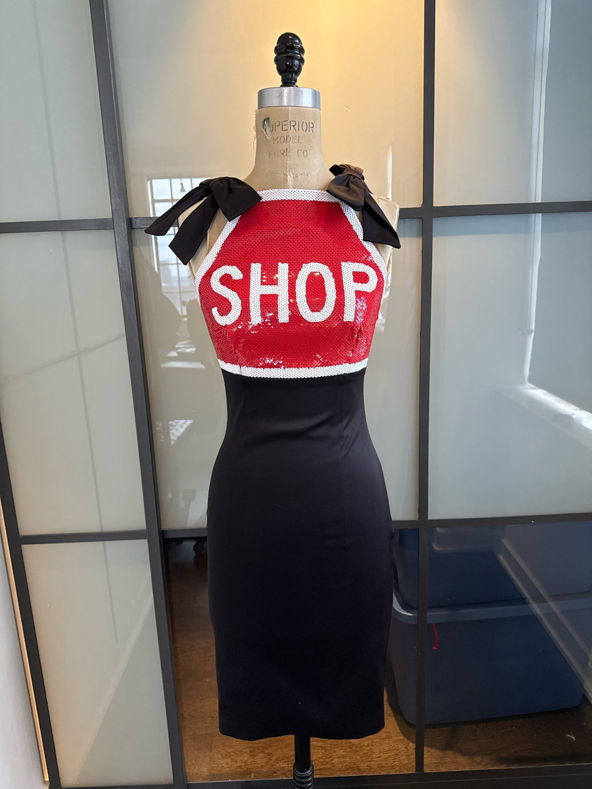 Moschino Black & Red SHOP Stretch Satin Pencil Dress
