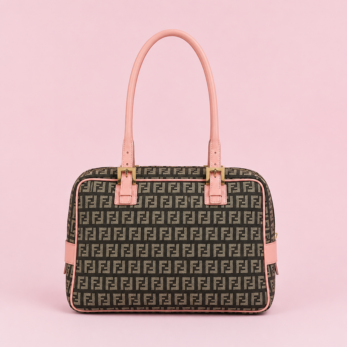 Fendi Zucchino Pink & Black Canvas Top Handle Bag with Leather Trim