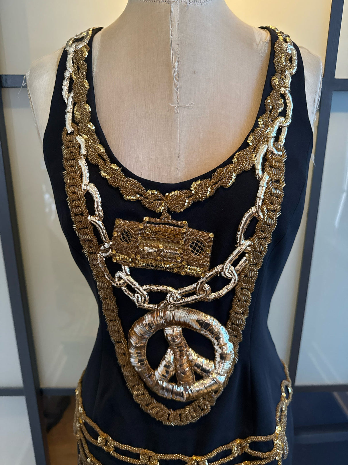 Moschino Size 6 Black & Gold Embroidered Boom Box Peace Sign Dress