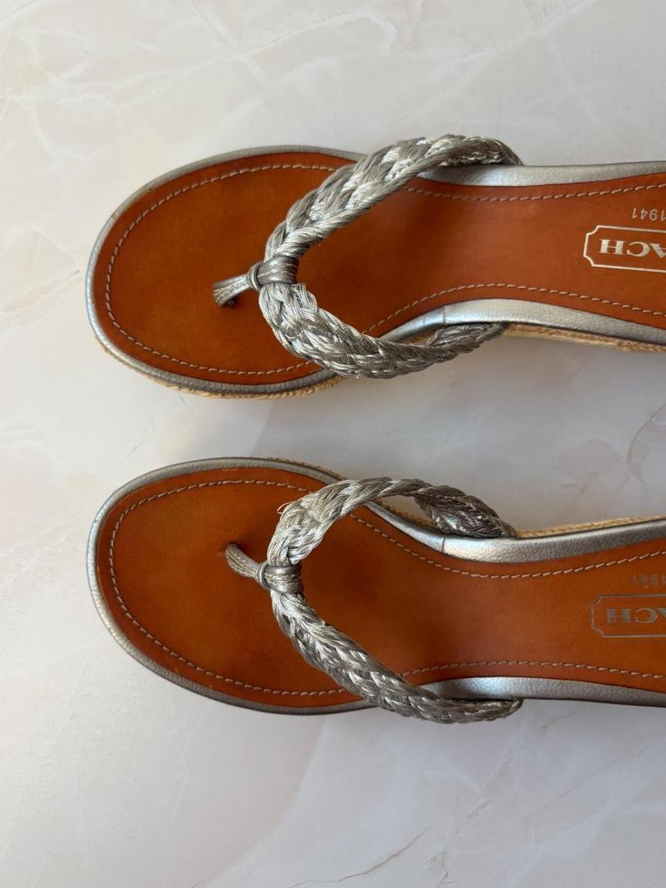 Coach US 7 Silver Monogram Canvas Raffia Platform Thong Wedge Sandal