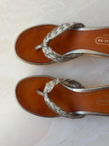 Coach US 7 Silver Monogram Canvas Raffia Platform Thong Wedge Sandal