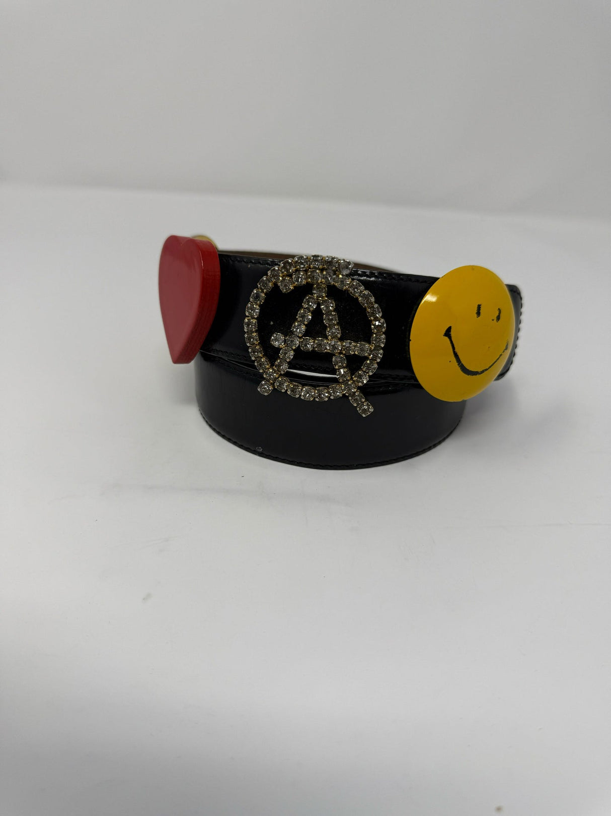 Moschino Black Leather Anarchy Smiley Face Heart Peace Sign Belt