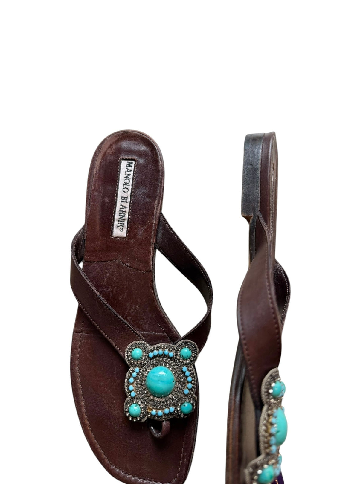 Manolo Blahnik brown sandals with turquoise stone detail (38)