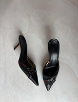 Gucci US 7.5 Black Leather Pointed Toe GG Buckle Mule