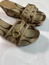 Coach US 7.5 Tan and Brown Monogram Canvas Open-toe Wedge Slide