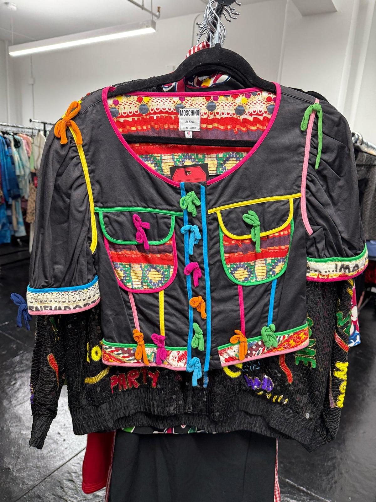 Moschino Size 10 Black Cotton Short Sleeve Ribbon Jacket