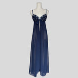 Embroidered split front gown in navy