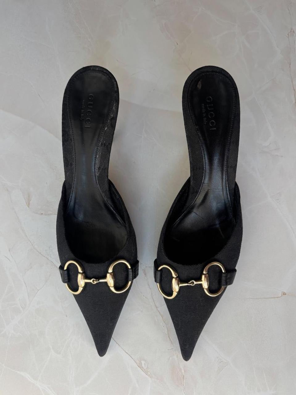 Gucci US 6 Black GG Monogram Canvas Pointed Toe Mule