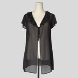 Ruffled split front robe in black