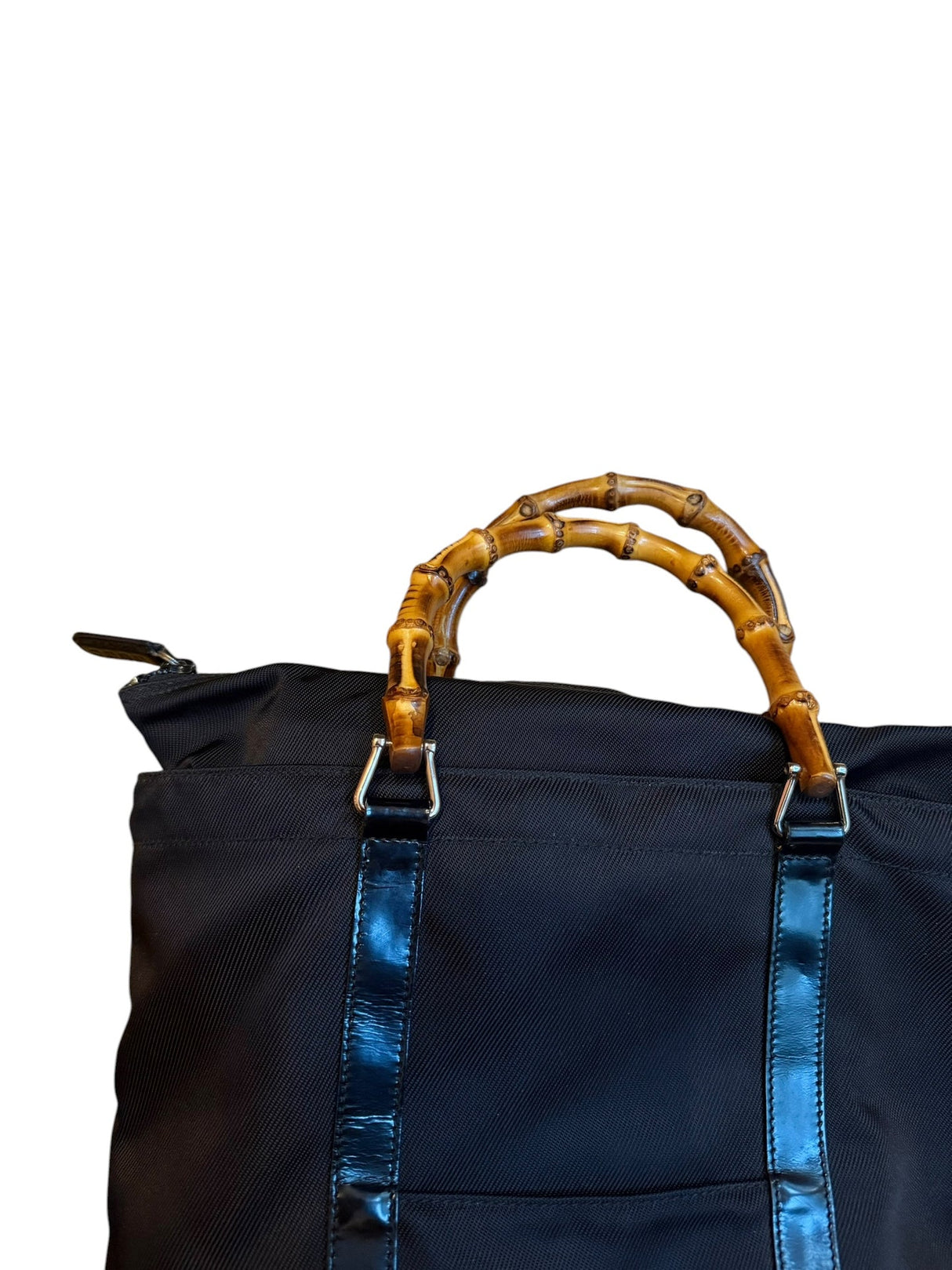 Gucci black nylon tote bag with bamboo handles