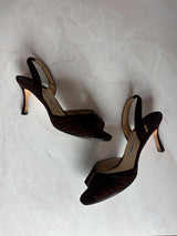 Manolo Blahnik EU 38 Chocolate Brown Suede Pleated Peep Toe Slingback