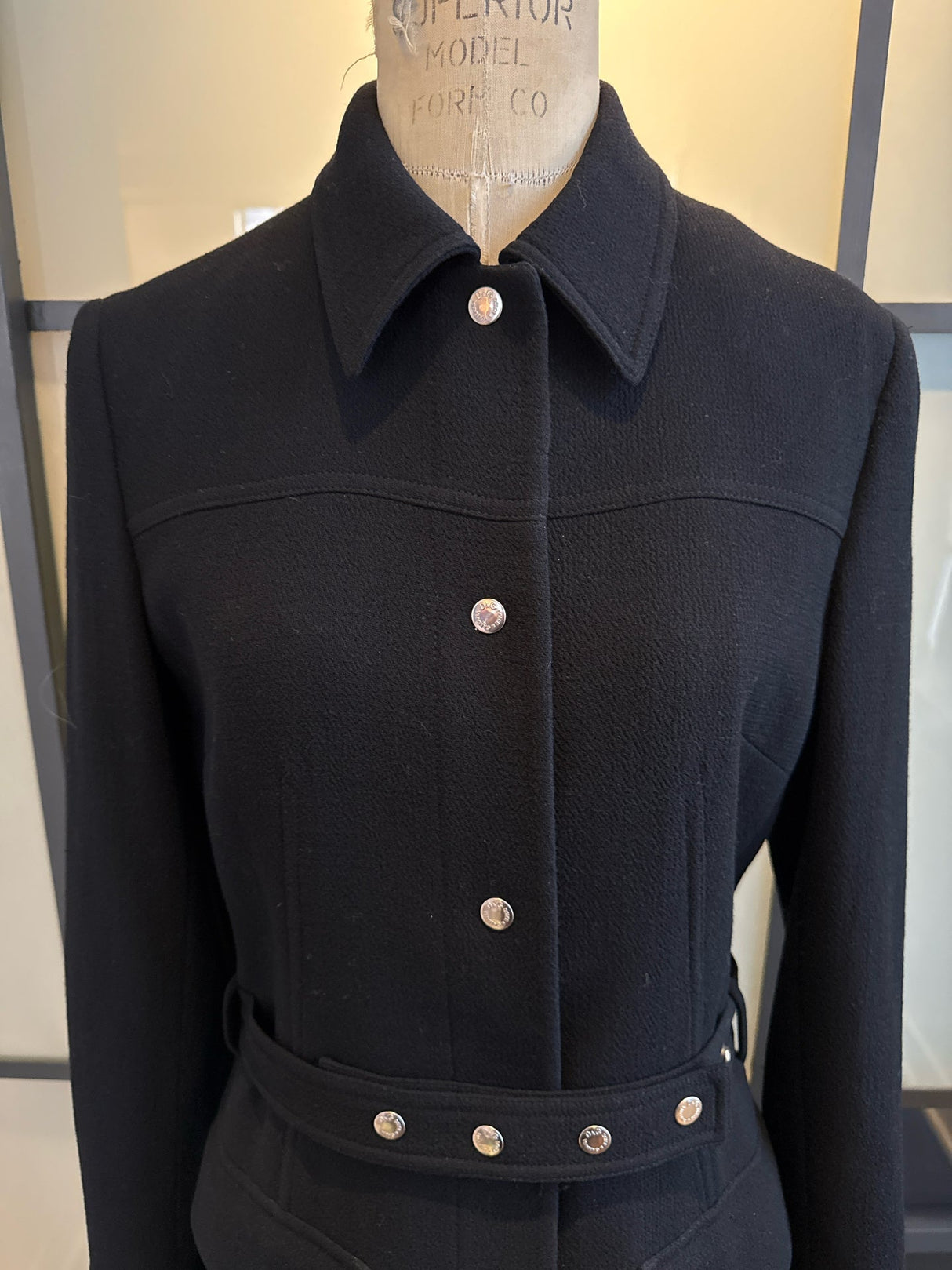 D&G Dolce & Gabbana Black Wool Crepe Coat Silver Snaps