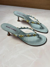 Manolo Blahnik EU 40 Ice Blue Leather Thong Sandal Kitten Heel